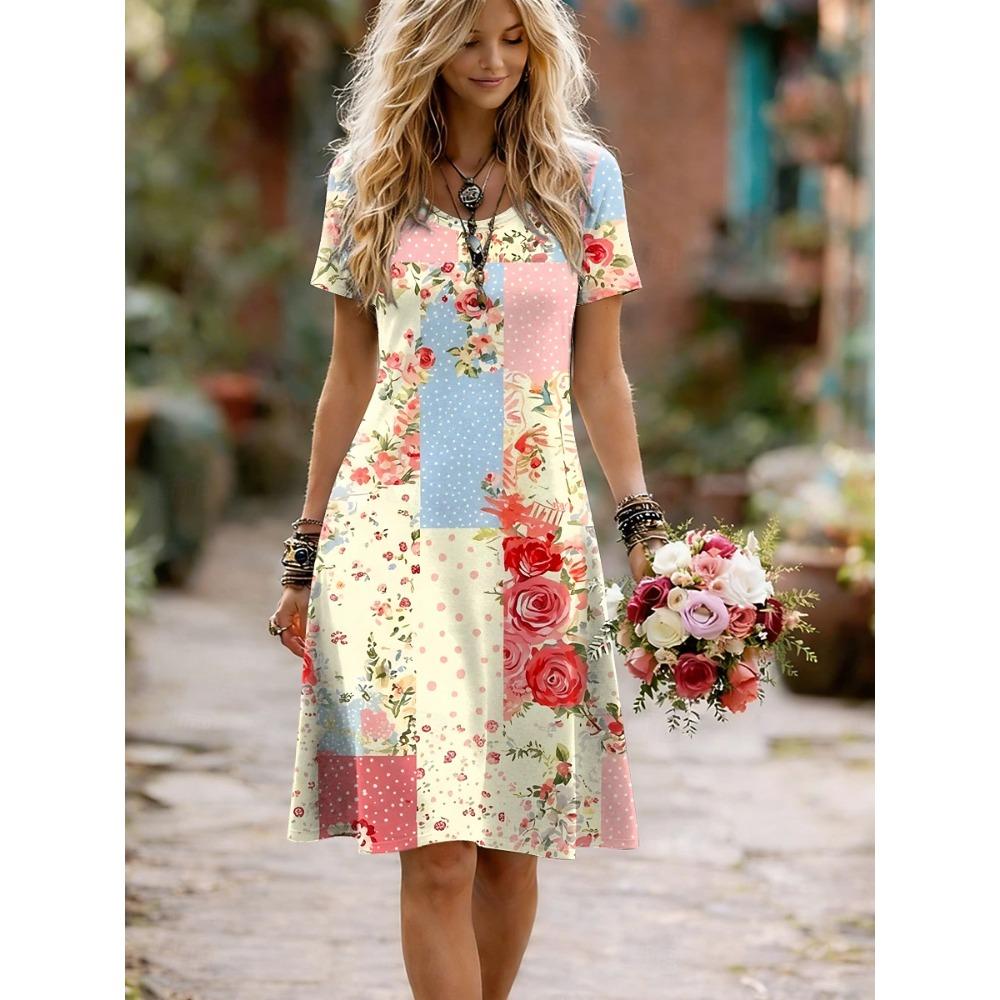 Women’s mid-length dress, short-sleeve casual print, round-neck floral spring A-line dress S