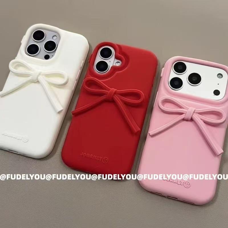 Solid Color Silicone Bow Phone Case for iPhone 16 Pro Max, Apple 13/14, Cute for Women