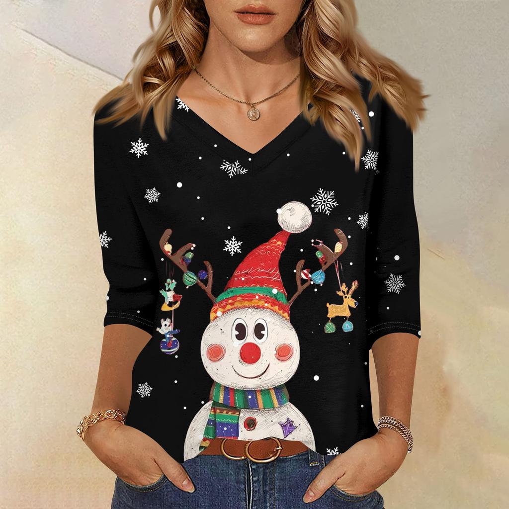 3/4 Sleeve Shirts For Women Print Christmas Tees Blouses Casual Plus Size Basic Tops Pullover