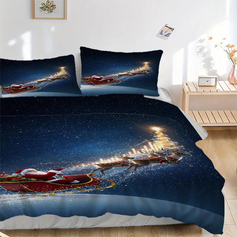 

3pc Christmas Santa Claus Reindeer Sleigh Home Bedding Set-Festive Gift for Fans,Travelers & Daily Use 1127a 135x200cm