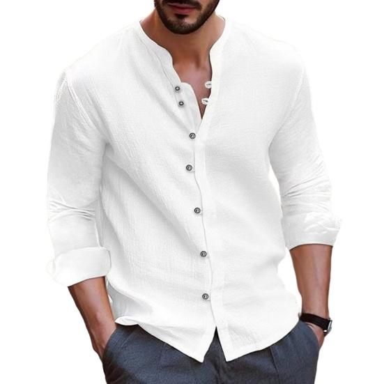Retrostijl Heren Effen Kleur Shirt Tops Opstaande Kraag Lange Mouw Single Breasted Losse Tops Casual Werkshirt Werkkleding