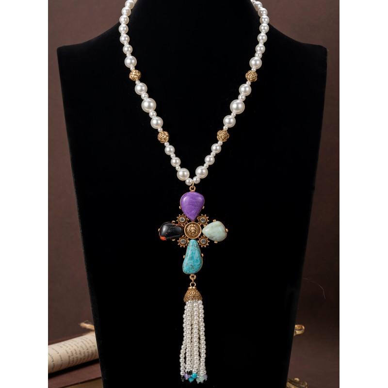 Vintage Four Leaf Clover Pearl Tassel Pendant Western Antique Necklace Versatile Natural Stone