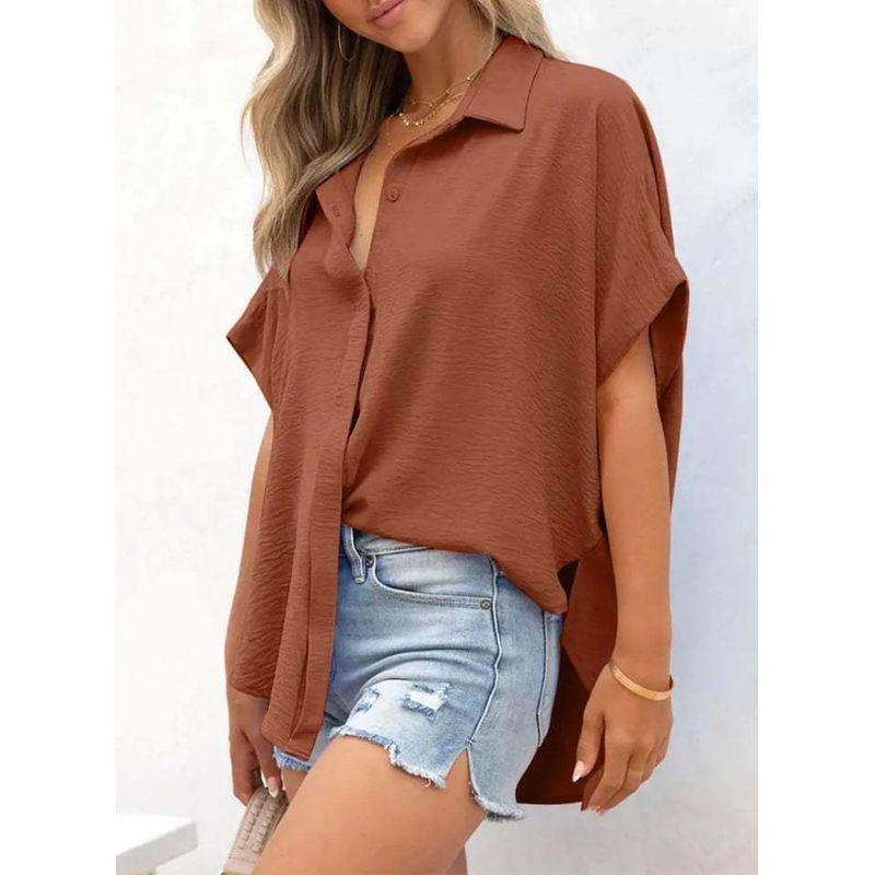 Western Style New Fashion Casual Loose Short Sleeve Lapel Shirts Top Solid Color Shirt Top