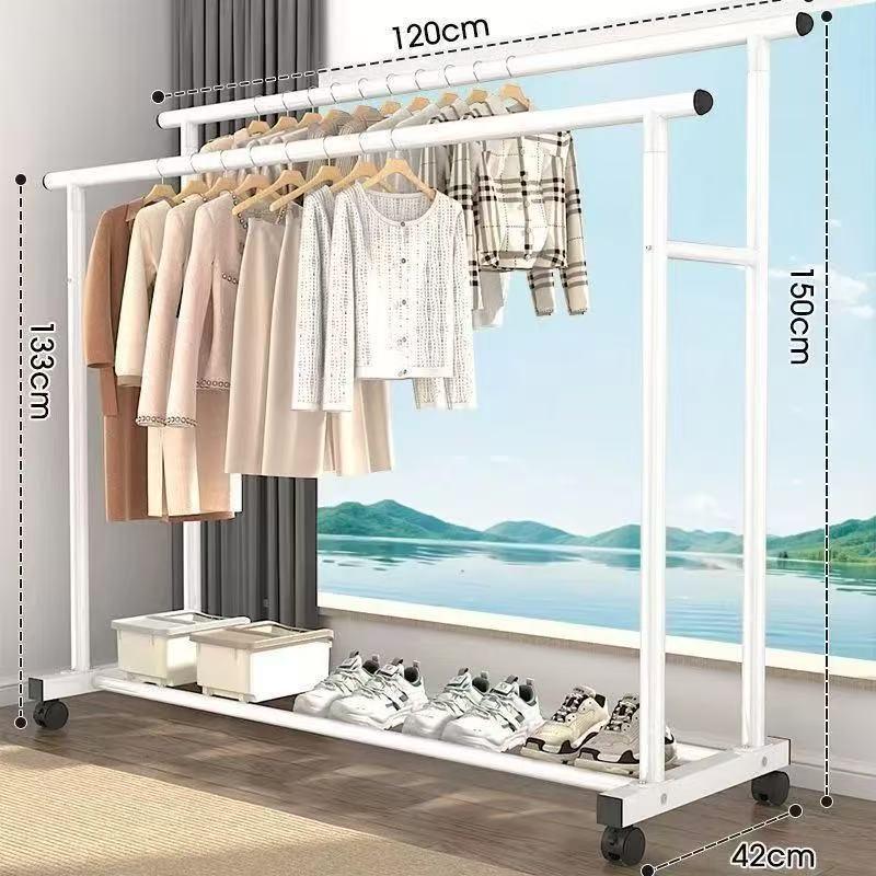Sturdy Double Bar Wardrobe Rack for Dorms: Floor-Standing, Dual-Layer Clothes & Hat Hanger for Bedrooms and Balconies.