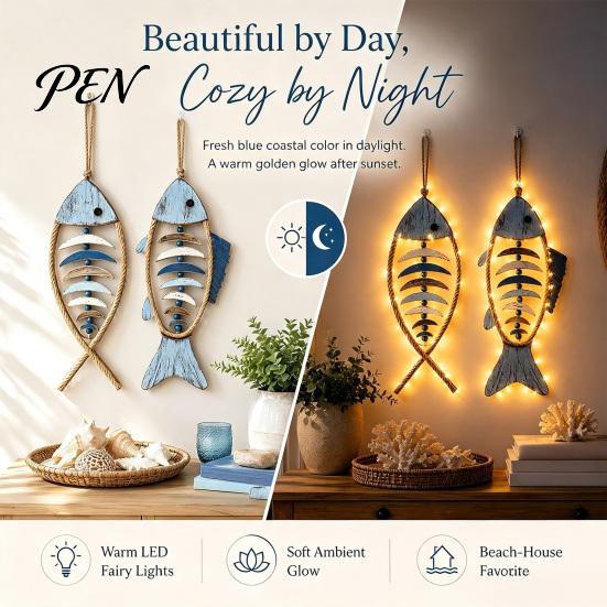 Wear Resistant Courtyard Pendant Wooden Fish Wall Hanging With/Without LED Light, Nautical Decor, Coastal Theme Fishbone Durable Fine Craftsmanship