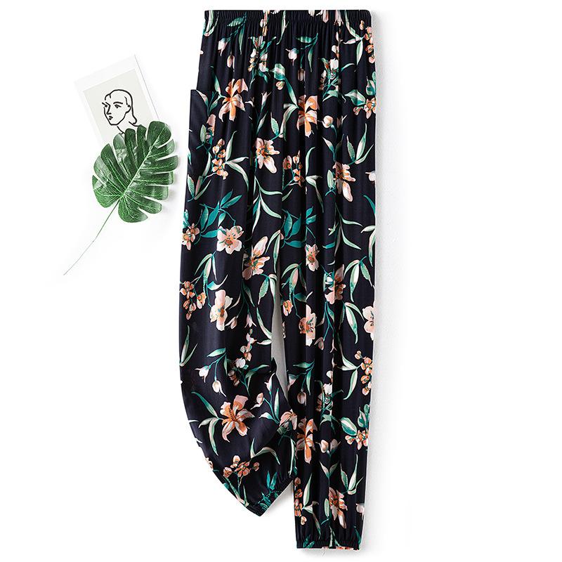 Pantaloni de pijama din bumbac mătase pentru femei, secțiune subțire de vară, anti-țânțari, pantaloni cu picior lat, culoare uni, pentru exterior, casă, petrecere a timpului liber, imprimeu, pantaloni de plajă până la genunchi