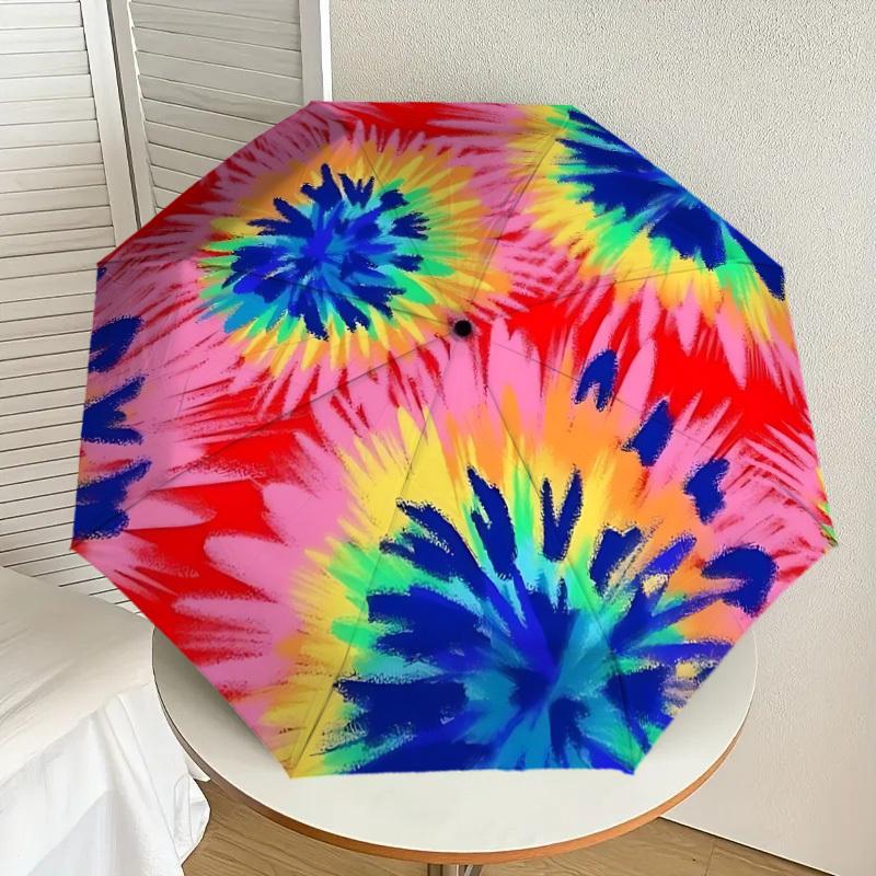 1pc Tie-Dye Pattern Automatic Folding Umbrella, Portable Collapsible Design, 8-Rib Iron Frame, Outdoor Accessory Yy250905109
