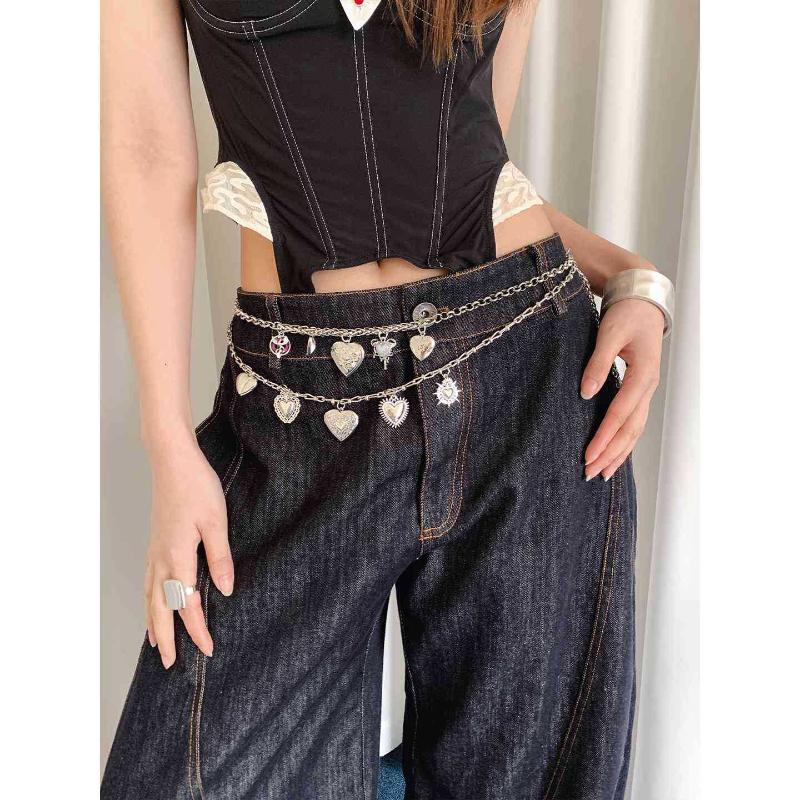 Double Layer Heart Pearl Waist Chain Vintage Silver Metal Belly Chain For Women Y2K Skirt Pants Accessory