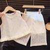 Summer Girls Lace Mesh Tank Top And Shorts Set Fresh Cute Elegant Two Piece Outfit For Kids