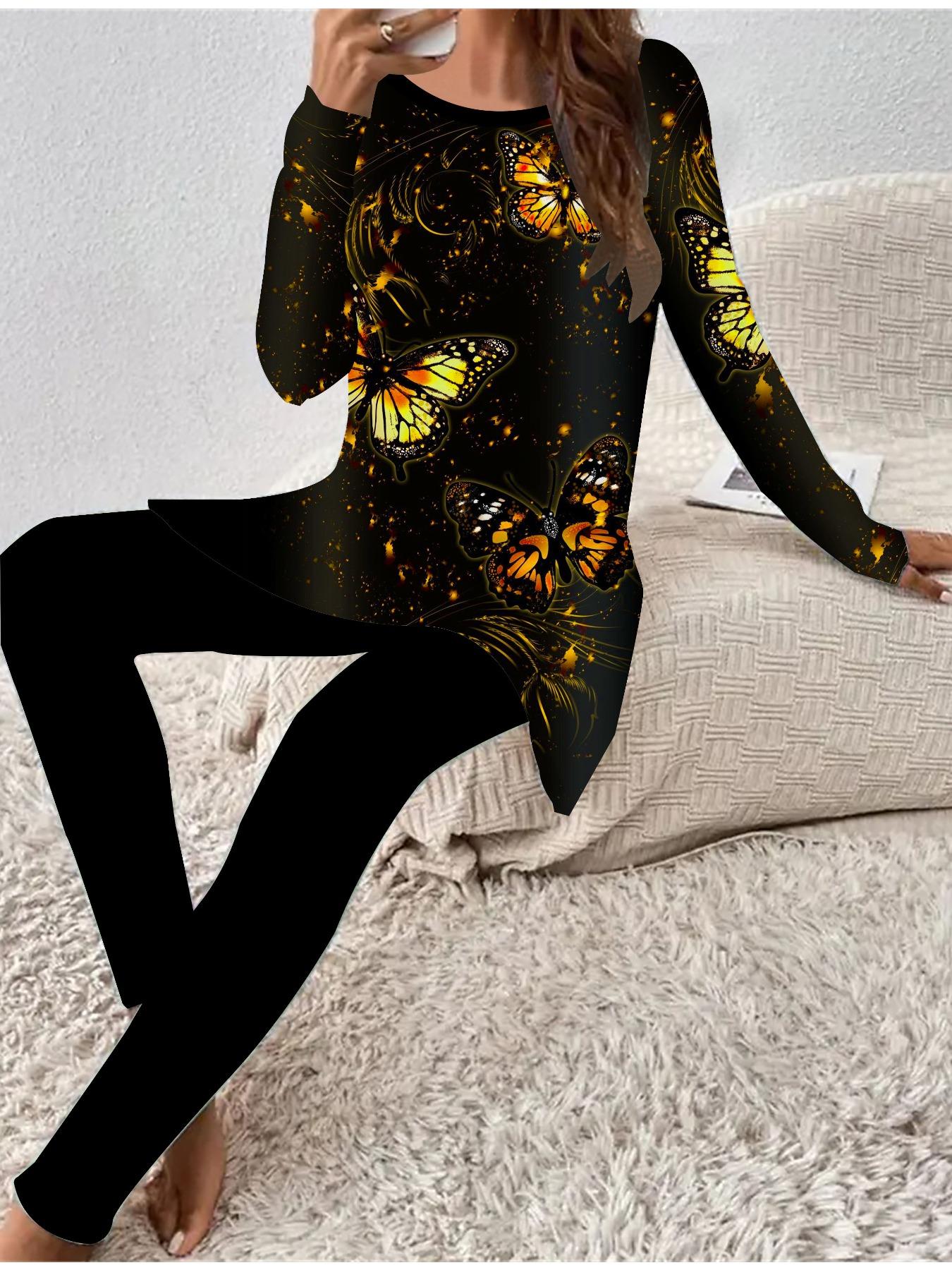 

Euro-American Fashion 3D Butterfly Printed Women s Four-season Long-sleeved T-shirt + Long Pants Two-piece Set. Perfect Gift for New Year & Christmas 8XL жовтий