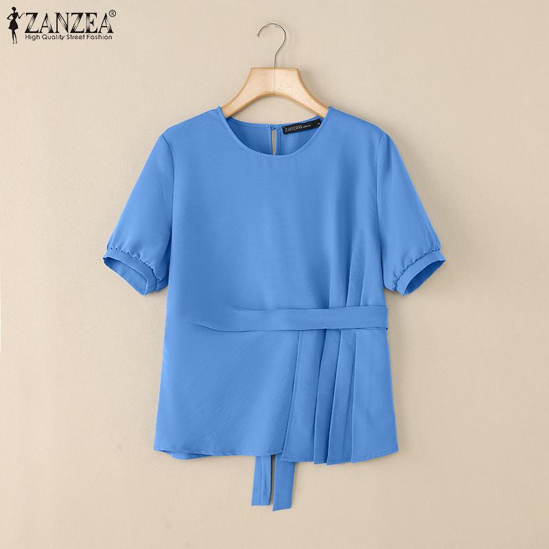 ZANZEA Women Summer Casual Round Neck Solid Color Short Sleeve Blouse