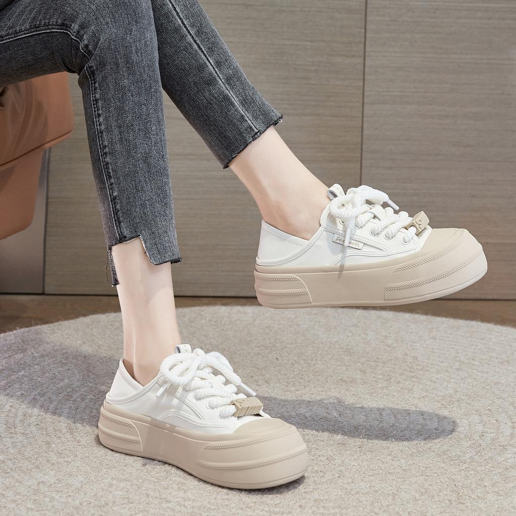 Leather Little White Shoes Women's Spring New Big Head Bread Shoes Versatile Thick Sole Height-increasing Sports and Leisure Board Shoes