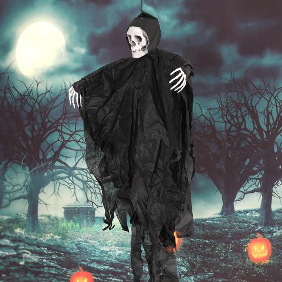 Halloween Hengende Skalle Spøkelse Skummel Grim Reaper Skjelettdekorasjon for Utegård Veranda Spøkelseshus Festdekor