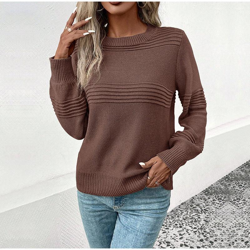 Autumn Casual Top Multi-Color Crew Neck Long Sleeve Jacquard Solid Color Women Sweater