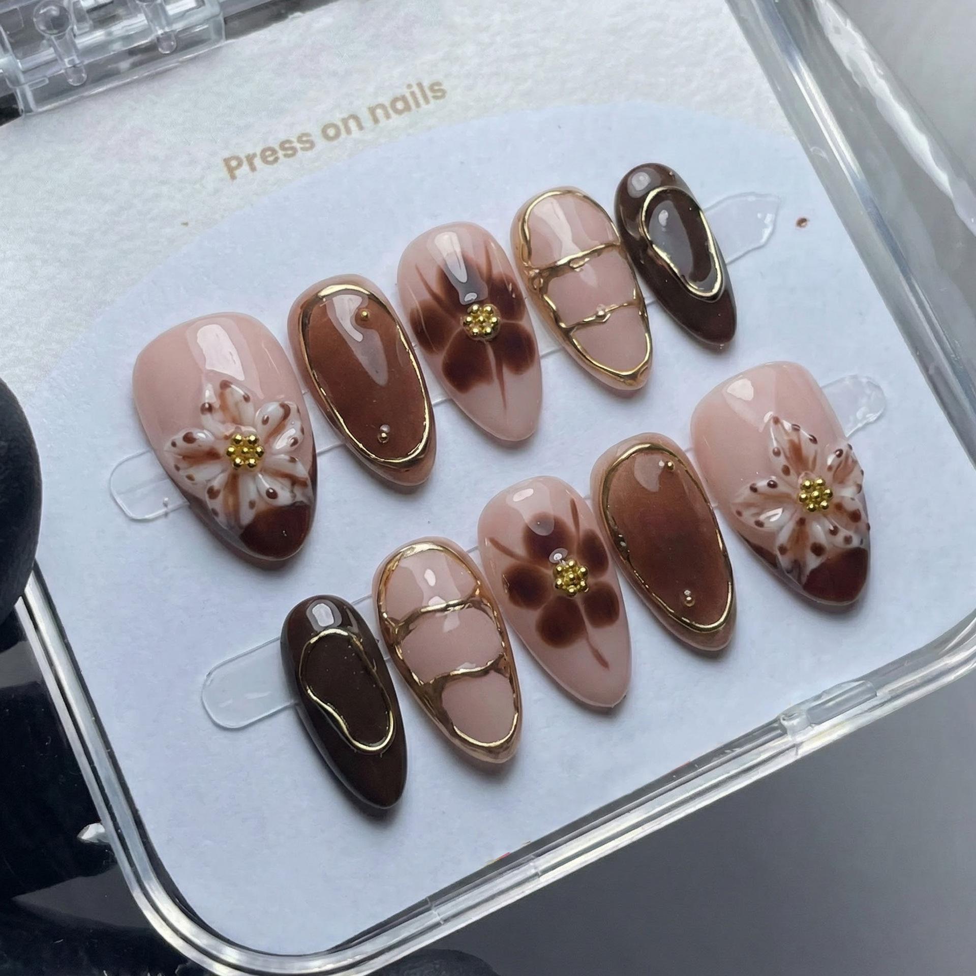 30-Piece Brown Leopard Print 3D Flower Gradient Almond Nails