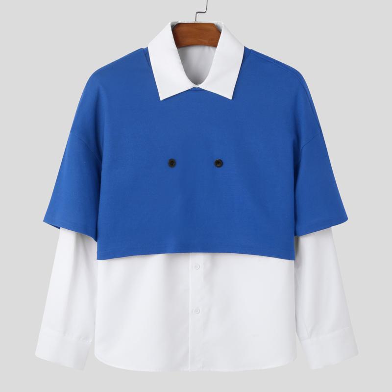 

INCERUN Мужские рубашки кэжуал свободного кроя с лацканами, пэчворком, длинными рукавами и имитацией двух предметов 4XL синий