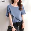 Comfortable Tops Drape Intellectual Round Neck Temperament Short Sleeve Solid Color T-Shirts Patchwork Casual Women's Clothing