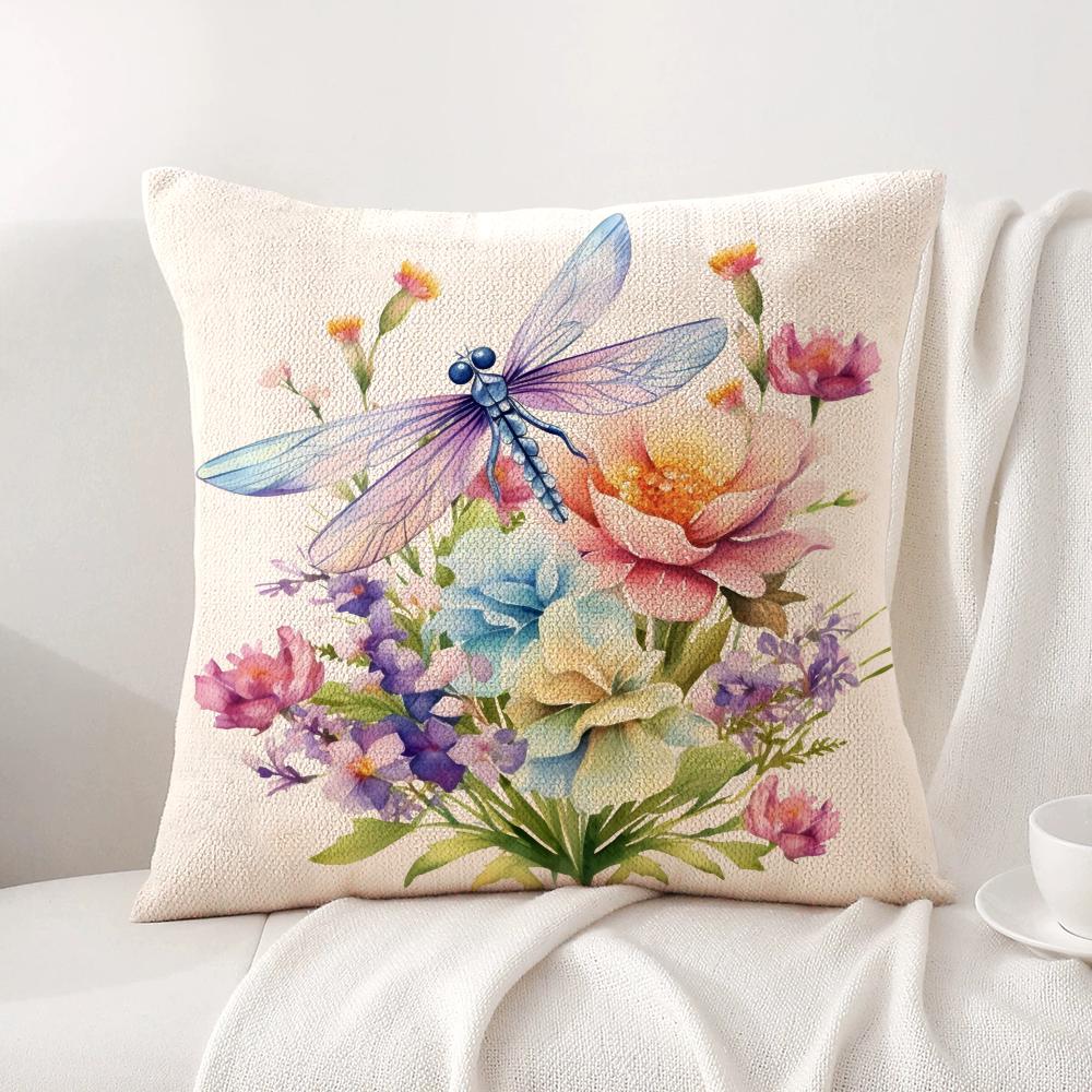 Watercolor Dragonflyflower Cushion Cover Natural Linen Organic Fabric DoubleSided Printing Sofa Home Decor Gift Pillow Cover