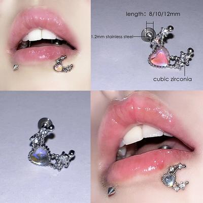 1pc Heart Moon Shape with Zircon Stainless Steel Lip Stud For Woman Girl Daily Party Earring Stud Cartilage Piercing Zircon