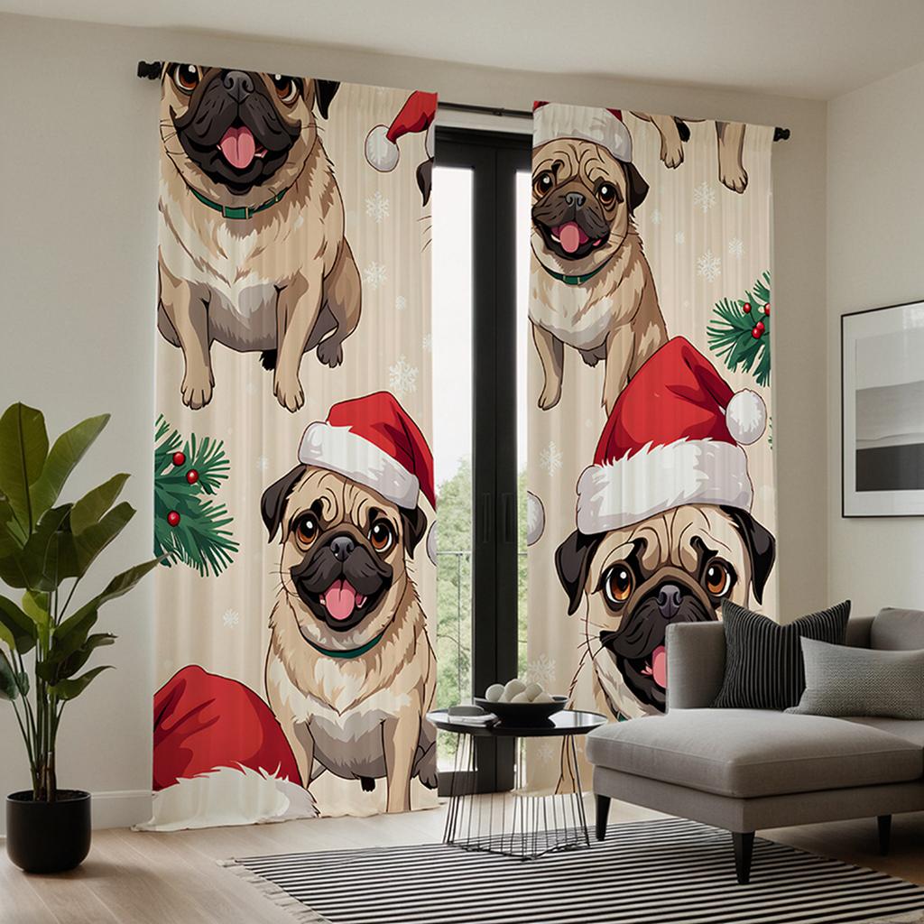 2 Stück HD Amerikanischer Cartoon Welpe dekorierter Vorhang mit Weihnachtsmannmütze Weißer Krawatte digital bedruckter Vorhang Heimdekoration Stil Dekor