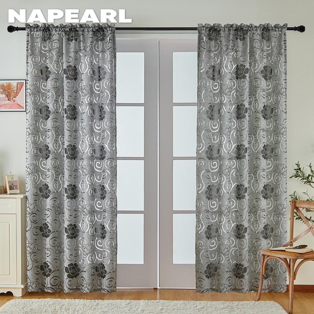 1PC NAPEARL Classical Flower Jacquard Hook Type Short Tulle Sheer Curtain for Bedroom Window