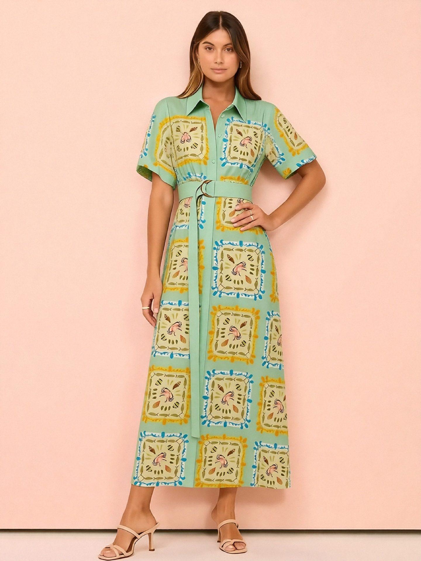 European and American 2026 Personalized Graffiti Lantern Sleeve Casual Linen Cardigan Dress Large
