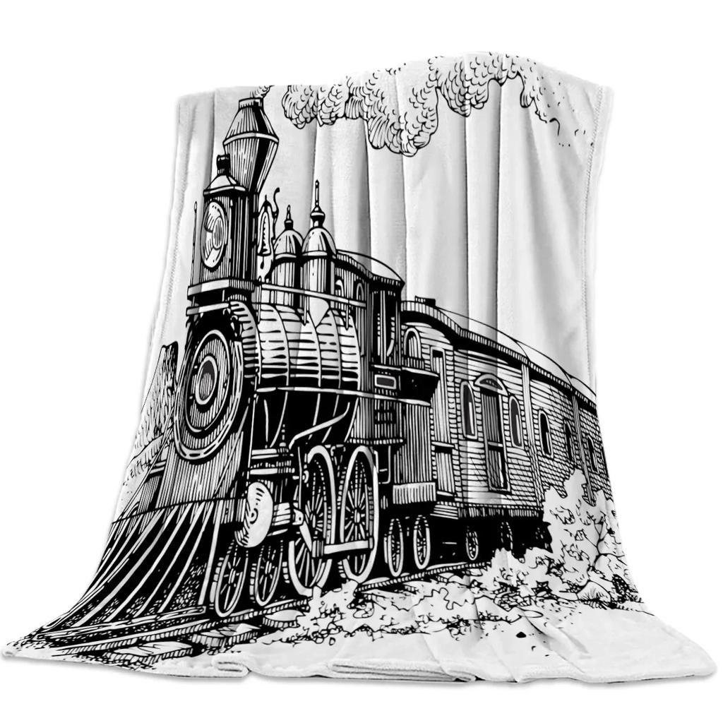 Flannel Blankets The Steam Age Of Old Trains Blanket Cushion Warm Throws on Sofa Bed Home Bedspread Travel Fleece Blanket Queen