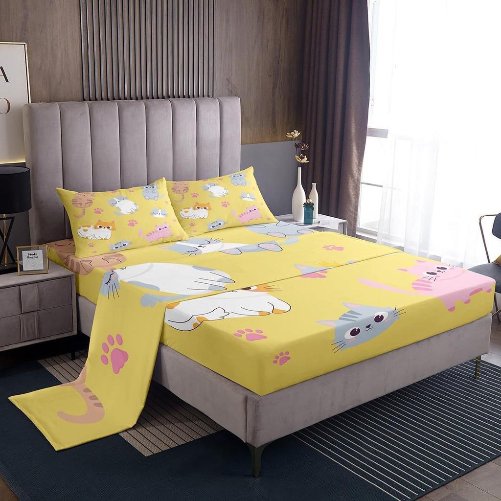 Cartoon Animal Cat Pattern Bed Hat Four-Piece Bedding Set Bedroom Dormitory Bedding Decoration