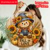 2D Flat, 1pc Round Aluminum Hanging Sign, Rustic Cartoon Style Plaid Overalls Scarecrow Blue Witch Hat Sunflower Wheat Mini Pumpkin Pattern, Fall