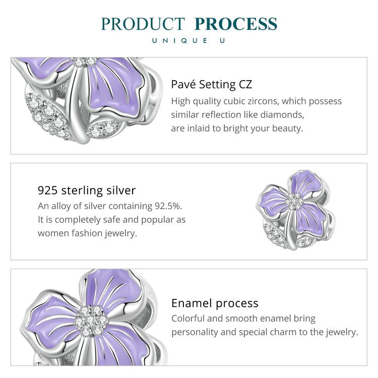BAMOER 925 Sterling Silver Purple Flower Charm Pendant for Bracelet DIY Jewelry