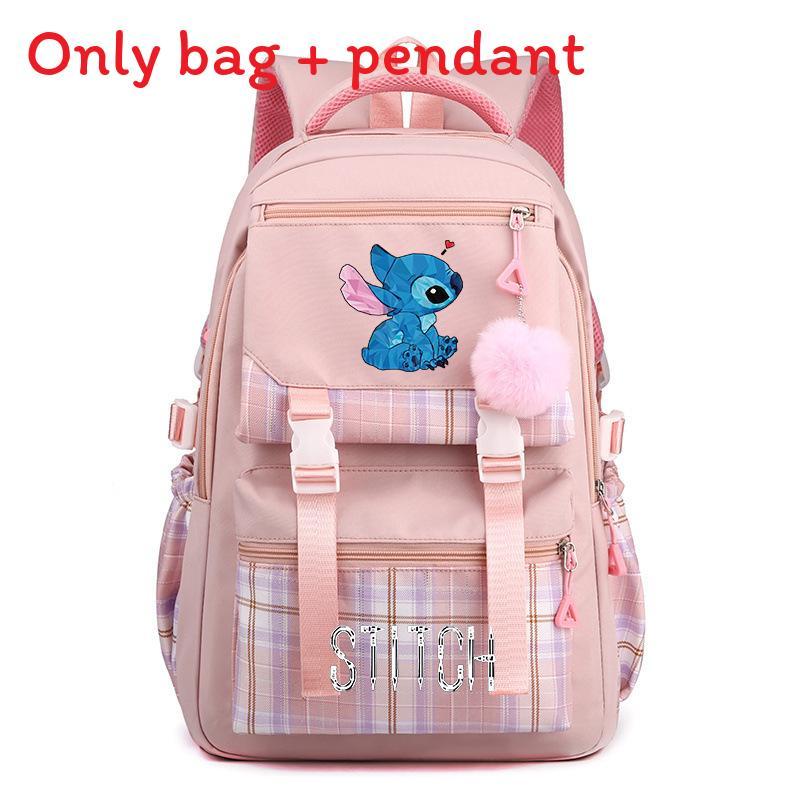 Cute Girl Backpack For School With Stitch Print And Checkered Patchwork Design For Middle School Students