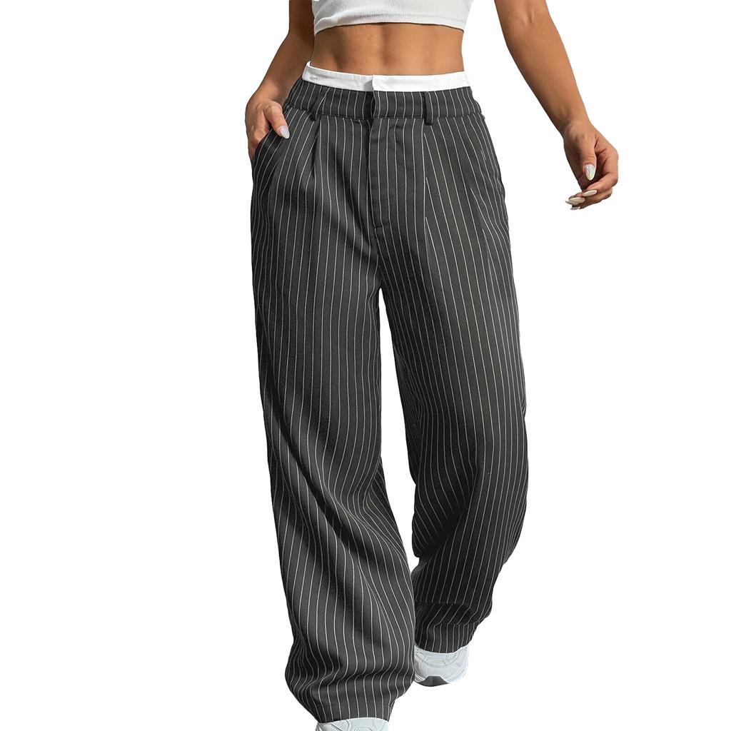 Pantaloni Casual da Donna a Vita Alta, Vestibilità Larga, Gamba Dritta, con Blocchi di Colore Fluido per l'Uso Quotidiano
