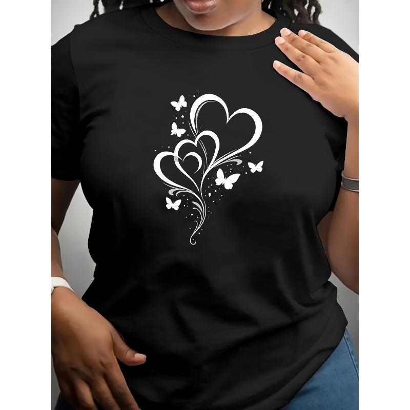 T-shirt Court Manches Courtes pour Femme Taille Européenne Imprimé « Amour Artistique et Papillon Volant », Tenue Artistique à la Mode, Haut à Col Rond