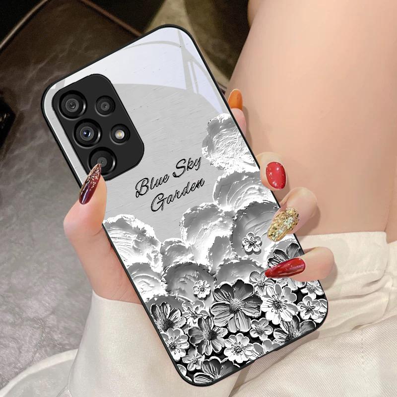 Oil Painting Flower Blue For Samsung Galaxy S10 4G S20 11E 30 S21 21Fe 22 S24 Pro S23 Ultra 5G S8 S9 Tempered Glass Phone Case