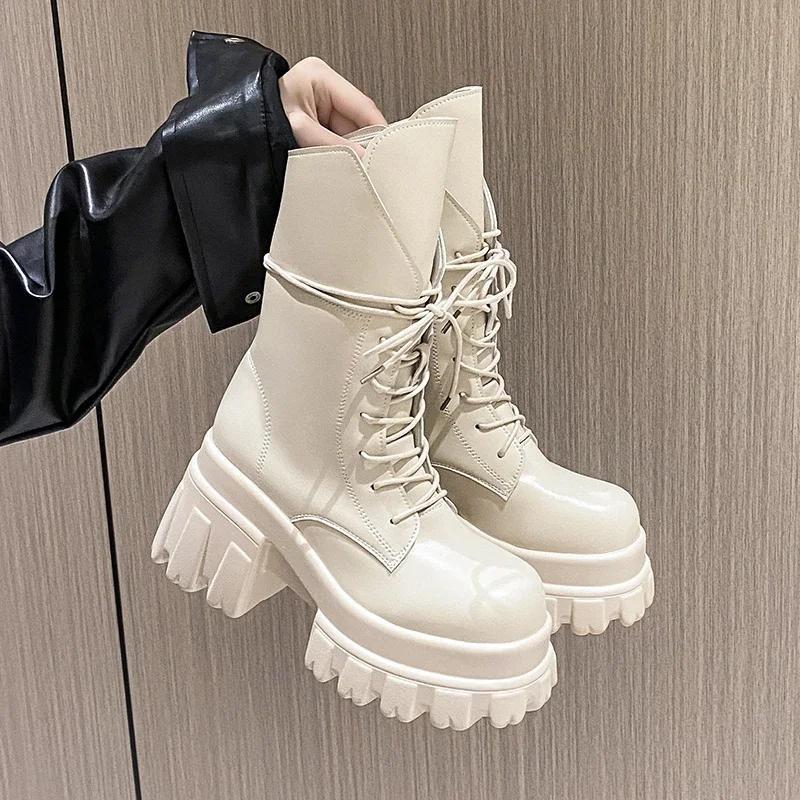 Fashion 9CM Women's Mid-Calf Boots New Fashion Lace-up Patent Leather Chunky Shoes Autumn High Heels Platform Motorcycle Boots For Woman