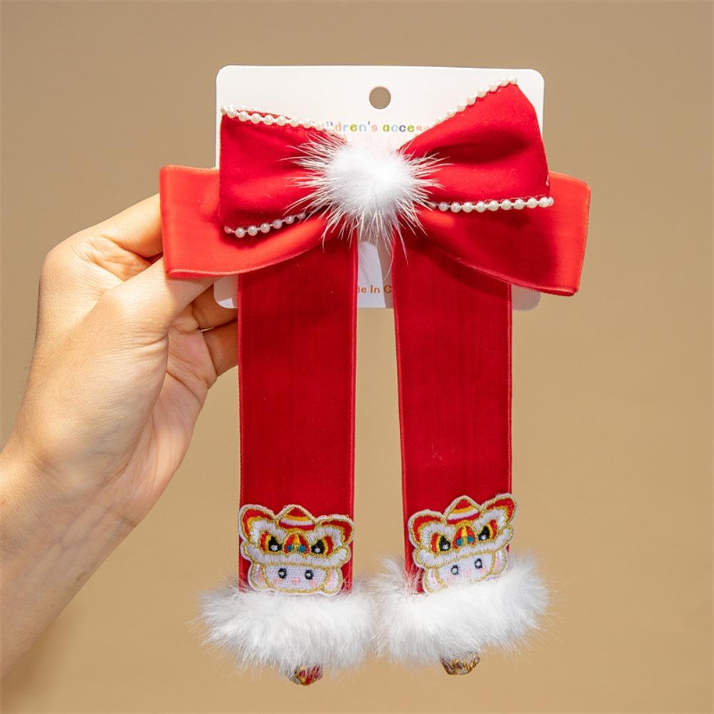 Tassel Red Bow Hair Clip Lion Embroidered Bow Headwear Children's Chinese Hairpin Decoration