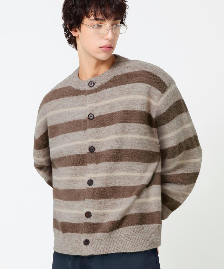 TRILLION Washable Hairy Striped Button Cardigan Knit_Beige