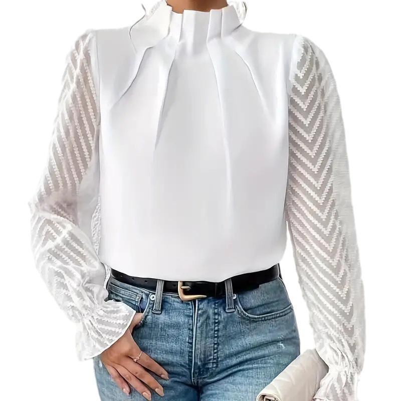 2024 Spring/Autumn Semi-High Neck Pleated Wave Pattern Ruffle Sleeve Mesh Top