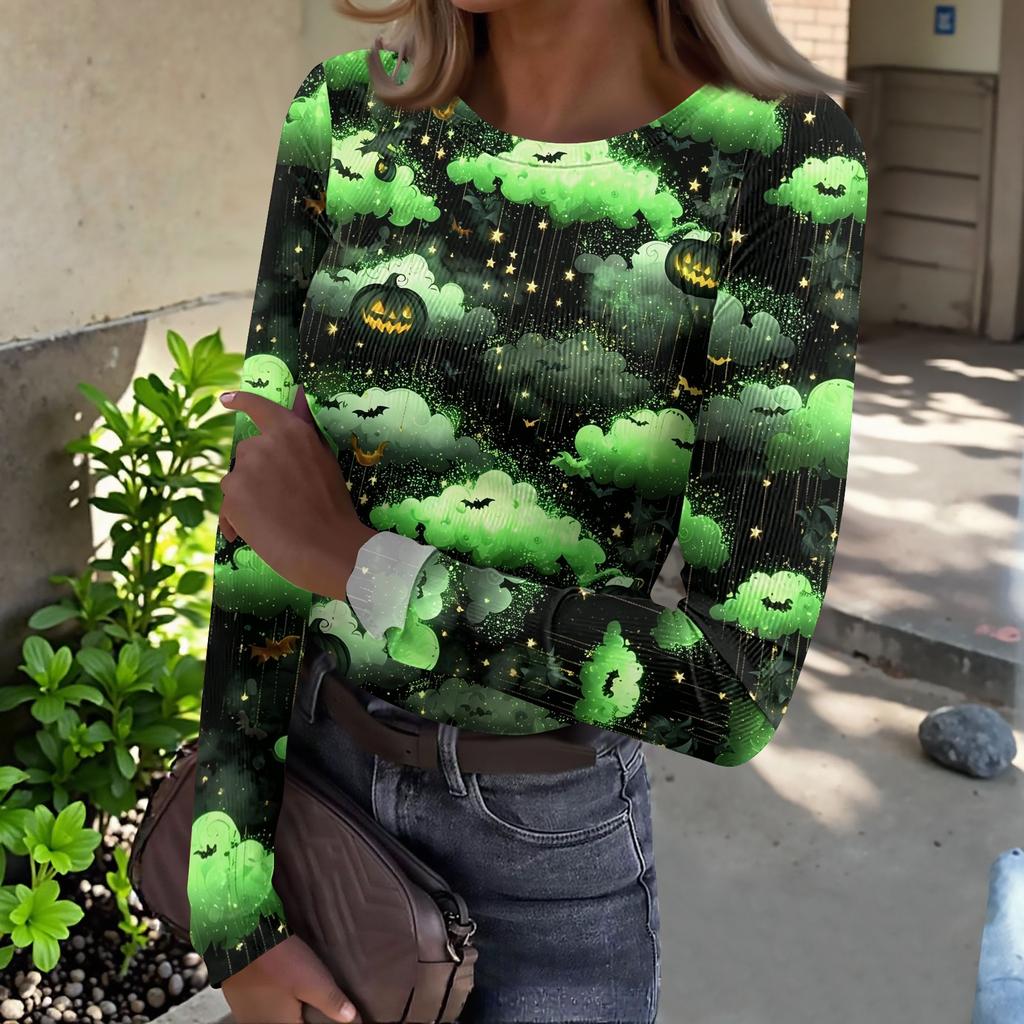 Women's Casual Long Sleeve Ribbed Knit Top Halloween Pumpkin Print Crew Neck Slim Fit Shirt for Fall Seasonal Wear