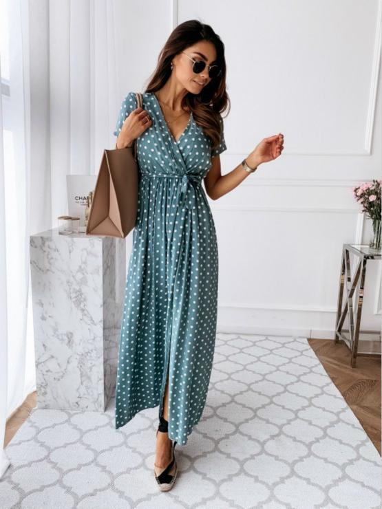 Rochie cu imprimeu cu buline la modă pentru femei Rochie cu bandaj cu fante sexy cu decolteu în V Rochie cu mânecă scurtă