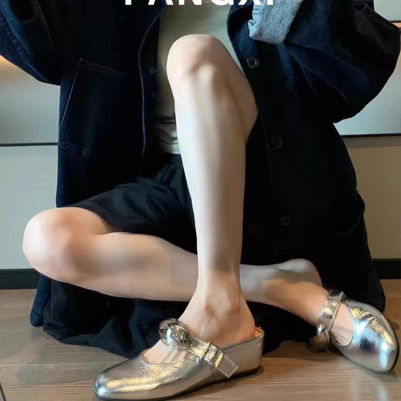 Metal inner height increase silver bag head half slippers women wear one-button sandals flats 40 серебряный