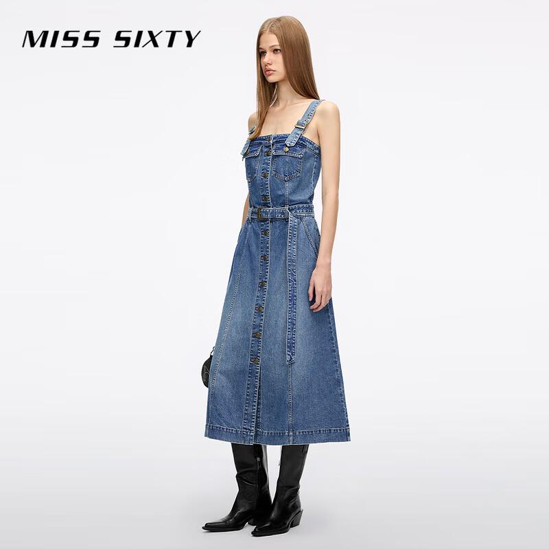 MISS SIXTY Women's Vintage Washed Denim Suspender Dress