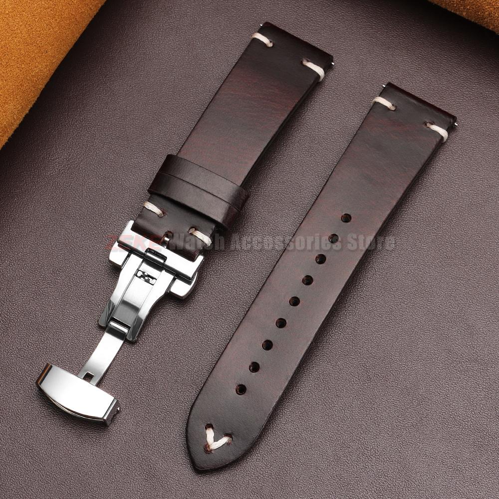 Vintage Oil Wax Leather Watch Band 18mm20mm 22mm Bracelet for Seiko Butterfly Buckle Stitching Cowhide Strap for Omega Watchband