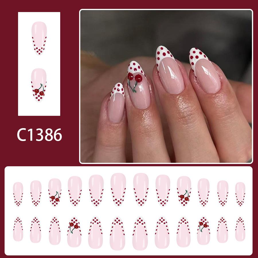 Elegant Medium Almond Press On Nails Glossy French White Tip with Red Dots 3D Cherry Design 24pcs красный