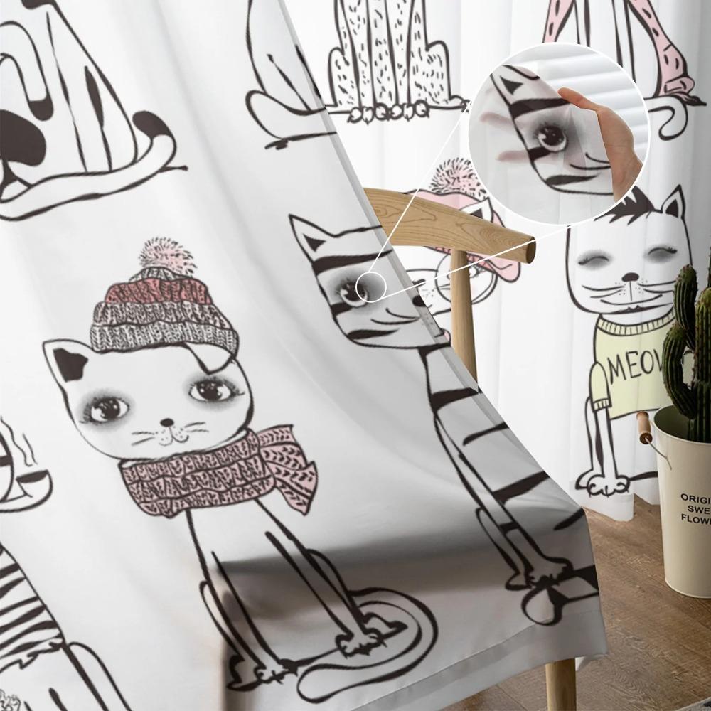 Cartoon Cat Kitty Drapes for Living Room Bedroom Kitchen Decoration Contemporary Kawaii Animal Pet Chiffon Sheer Curtain