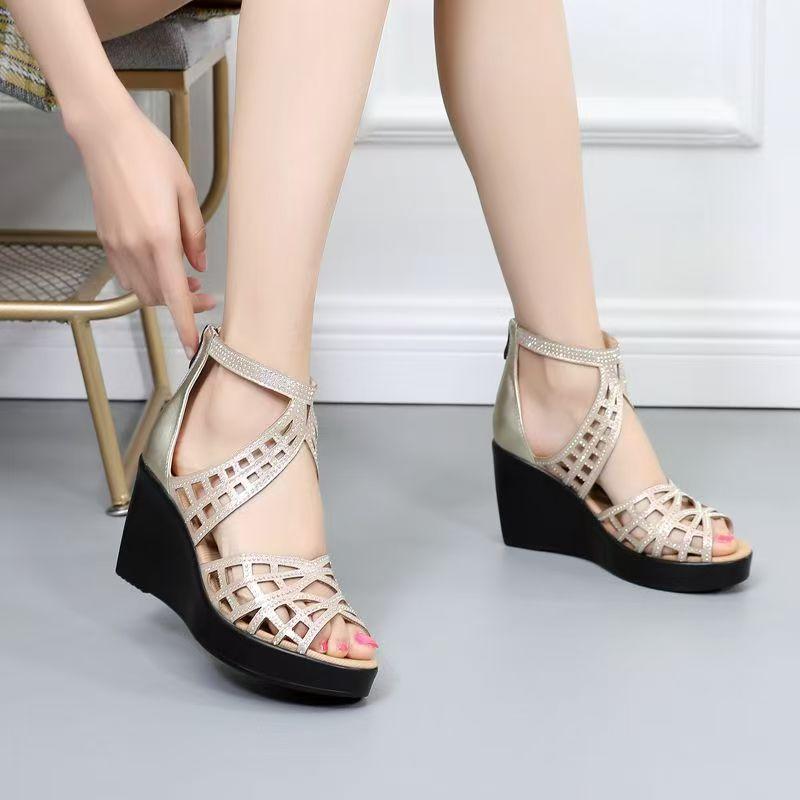 Sandali Zeppa Donna Estivi in Vera Pelle Traforati Suola Spessa Antiscivolo Copri Tacco Alto Zip Sandali con Tacco Alto e Punta Aperta