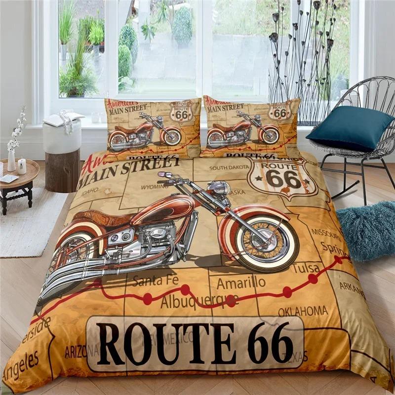 Luxuriöses Bettwäsche-Set mit Route 66-Druck, Doppelbettgröße, Steppdecke, Bettwäsche, weicher warmer Bezug, Bettbezug, Kissenbezug-Sets, Erwachsene, Baby, Kinderbettwäsche ki