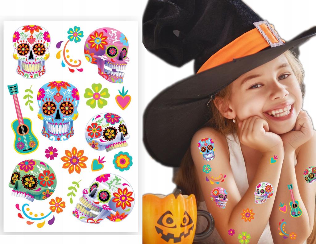 Tatuaże Zmywalne Kolorowe Czaszki Halloween Catrina Kwiaty La Muerte