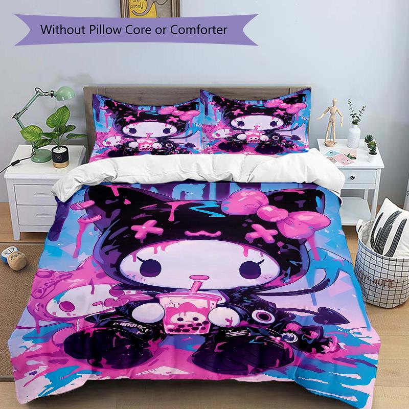 3pcs Graffiti Kuromi Bedding Set - Includes 1 Quilt Cover and 2 Pillowcases, Comfortable Bedding with Stylish Design for Bedroom, Machine Wa