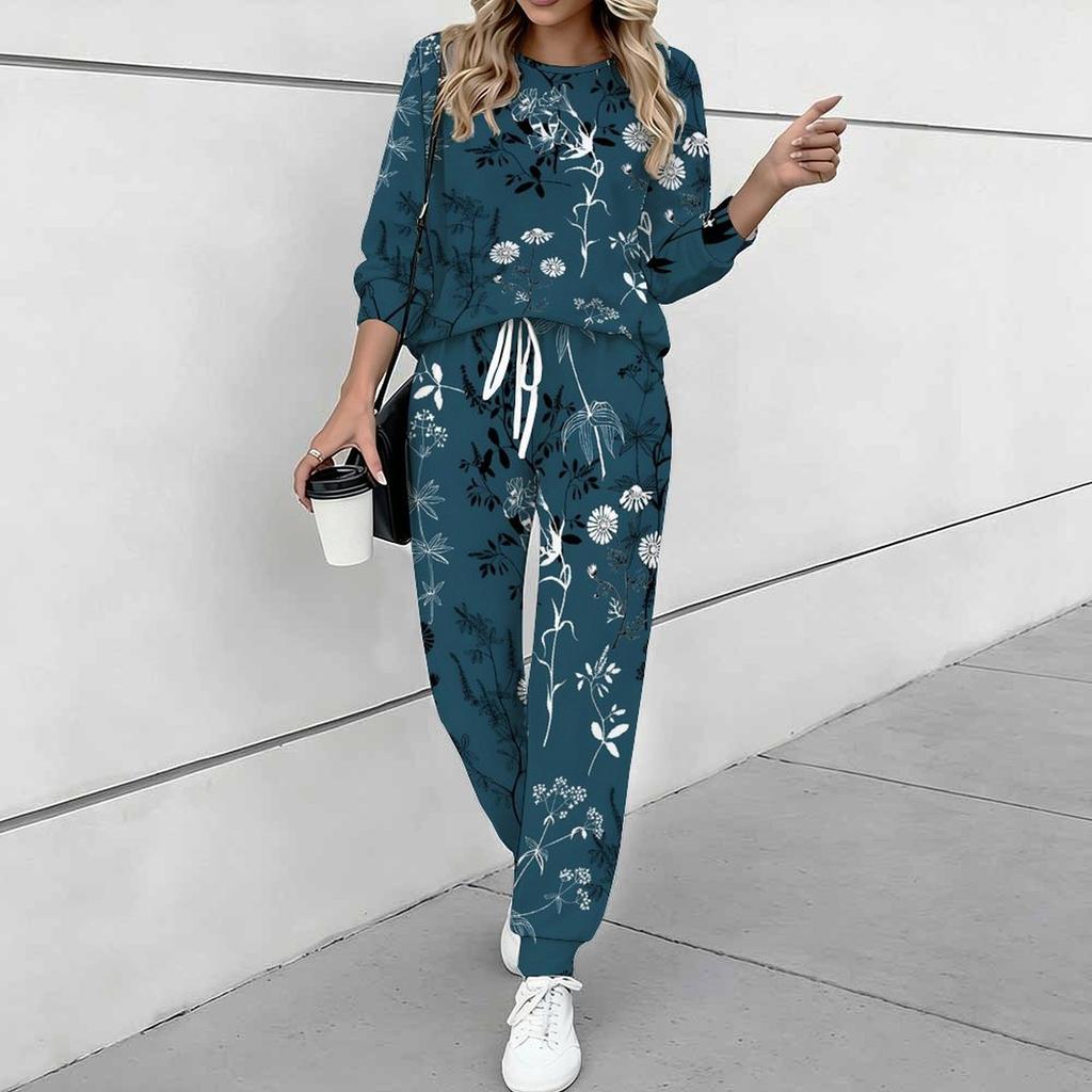 Women Floral Print Two Piece Outfit, Long Sleeve Crew Neck Top & Drawstring Jogger Pants Casual Tracksuit for Spring Autumn